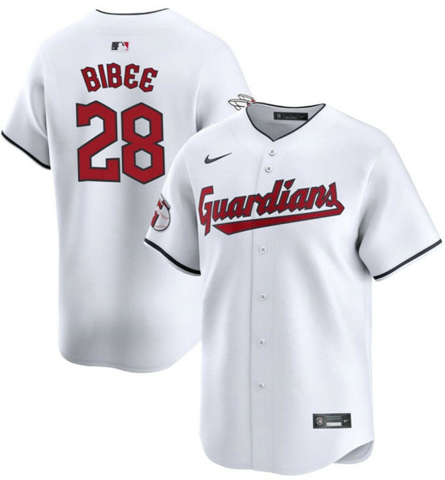 Men's Cleveland Guardians #28 Tanner Bibee White Cool Base Stitched Baseball Jersey