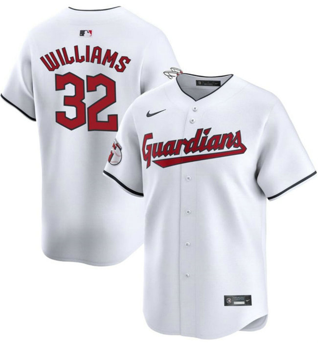 Men's Cleveland Guardians #32 Gavin Williams White Cool Base Stitched Baseball Jersey