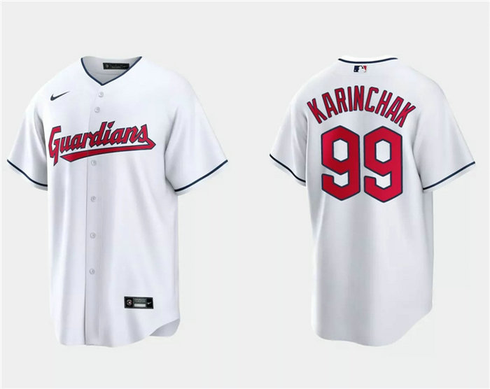 Men's Cleveland Guardians #99James Karinchak White Cool Base Stitched Jersey