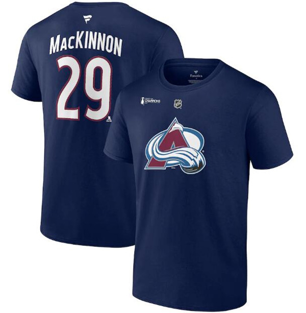 Men's Colorado Avalanche #29 Nathan MacKinnon Navy 2022 Stanley Cup Champions Authentic Stack Name & Number T-Shirt