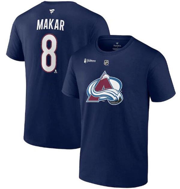 Men's Colorado Avalanche #8 Cale Makar Navy 2022 Stanley Cup Champions Authentic Stack Name & Number T-Shirt