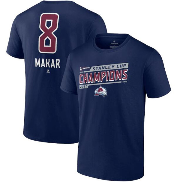 Men's Colorado Avalanche #8 Cale Makar Navy 2022 Stanley Cup Champions Banner Name & Number T-Shirt