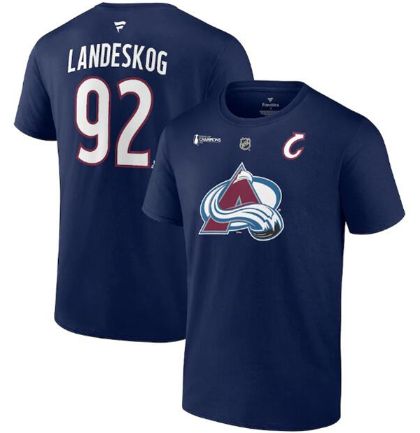 Men's Colorado Avalanche #92 Gabriel Landeskog Navy 2022 Stanley Cup Champions Authentic Stack Name & Number T-Shirt