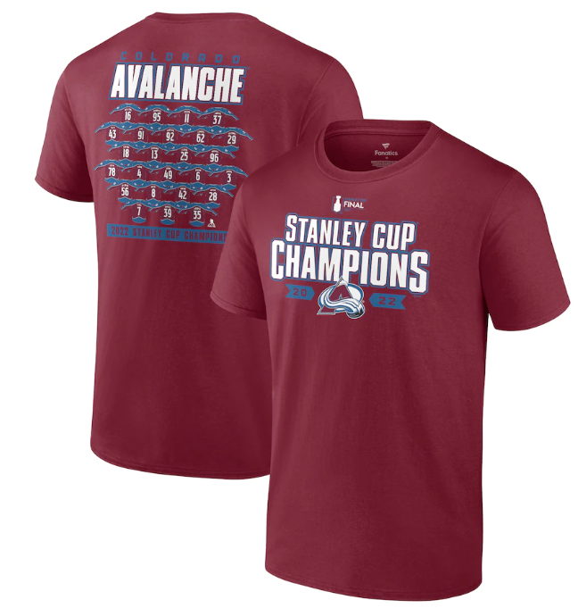 Men's Colorado Avalanche Burgundy 2022 Stanley Cup Champions Jersey Roster T-Shirt