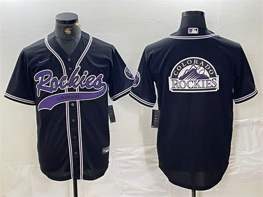 Men's Colorado Rockies Black Team Big Logo Cool Base Stitched Baseball JerseyS