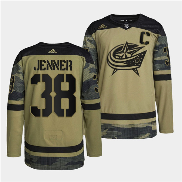Men's Columbus Blue Jackets #38 Boone Jenner 2022 Camo Military Appreciation Night Stitched Jersey