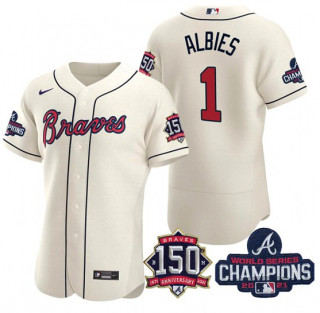 Men's Cream Atlanta Braves #1 Ozzie Albies 2021 World Series Champions With 150th Anniversary Flex Base Stitched Jersey