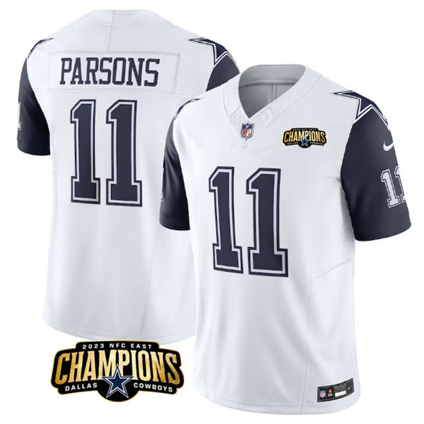 Men's Dallas Cowboys #11 Micah Parsons White Navy 2023 F.U.S.E. NFC East Champions Patch Football Stitched Jersey