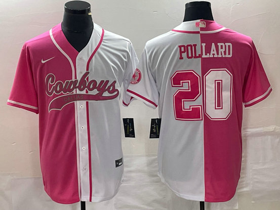 Men's Dallas Cowboys #20 Tony Pollard Pink White Split Cool Base Stitched Baseball Jersey