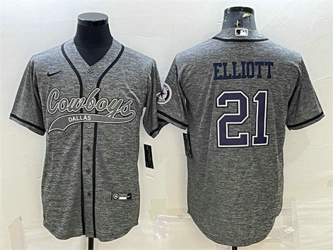 Men's Dallas Cowboys #21 Ezekiel Elliott Grey With Patch Cool Base Stitched Baseball JerseyS