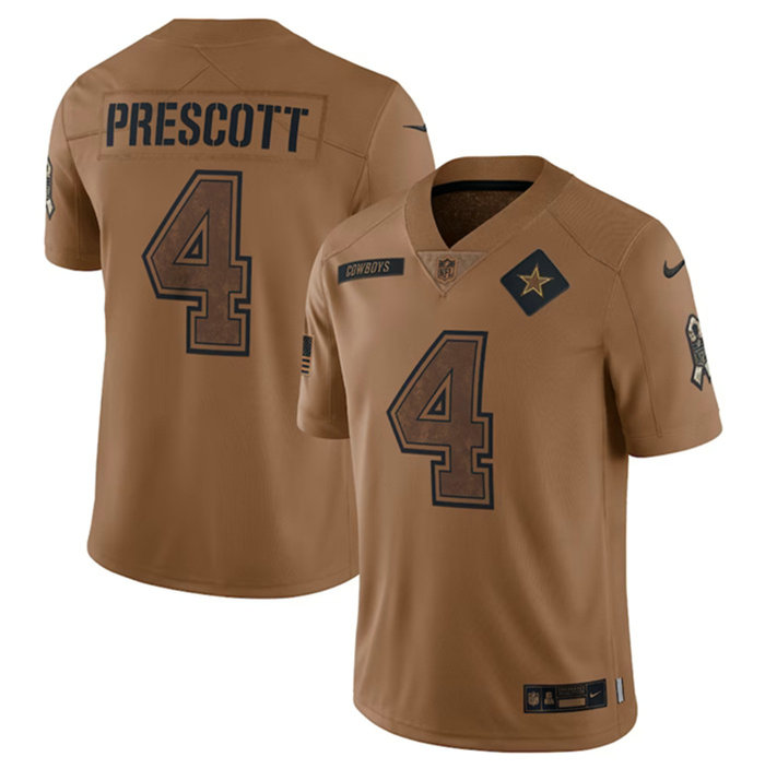 Men's Dallas Cowboys #4 Dak Prescott 2023 Brown Salute To Service Limited Stitched Football Jersey