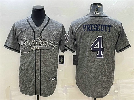 Men's Dallas Cowboys #4 Dak Prescott Grey With Patch Cool Base Stitched Baseball Jersey