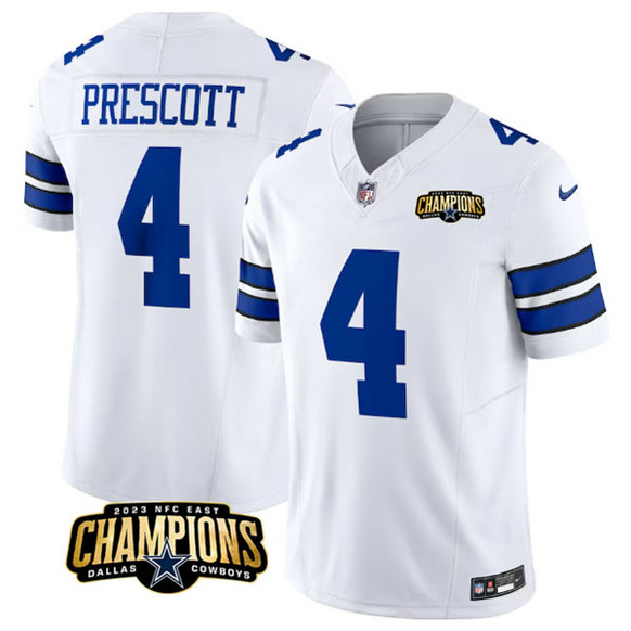 Men's Dallas Cowboys #4 Dak Prescott White 2023 F.U.S.E. NFC East Champions Patch Football Stitched Jersey