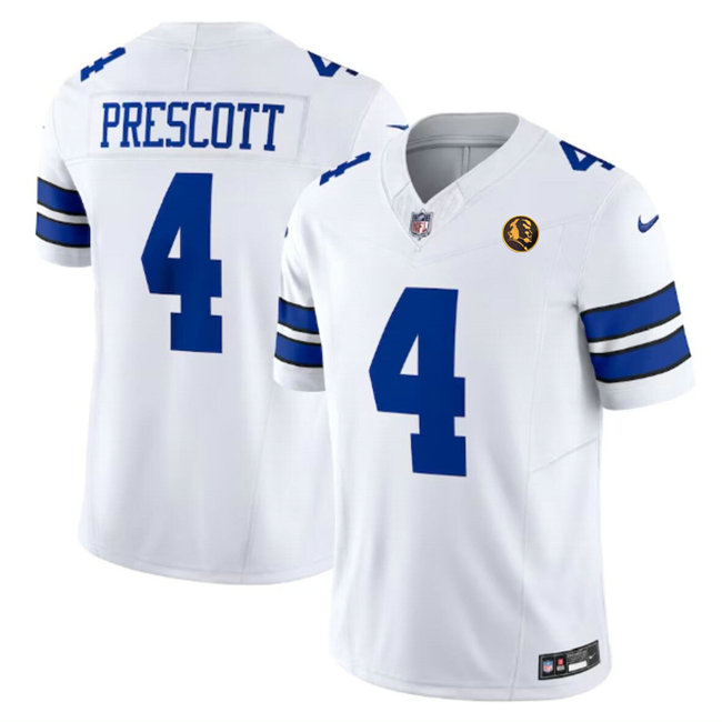 Men's Dallas Cowboys #4 Dak Prescott White 2023 F.U.S.E. With John Madden Patch Vapor Limited Stitched Football Jersey