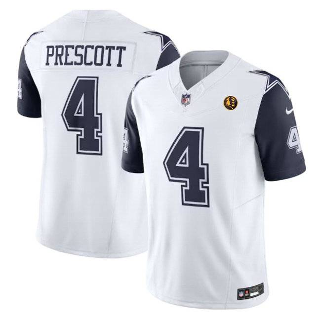 Men's Dallas Cowboys #4 Dak Prescott White 2023 F.U.S.E. With John Madden Patch Vapor Limited Stitched Football Jerseys