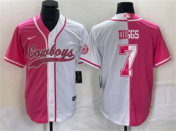 Men's Dallas Cowboys #7 Trevon Diggs Pink White Split Cool Base Stitched Baseball Jersey