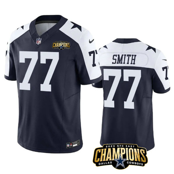 Men's Dallas Cowboys #77 Tyron Smith Navy White 2023 F.U.S.E. NFC East Champions Patch Football Stitched Jersey