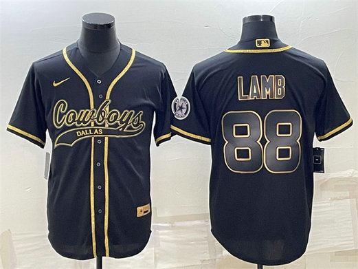 Men's Dallas Cowboys #88 CeeDee Lamb Black Gold With Patch Cool Base Stitched Baseball Jersey