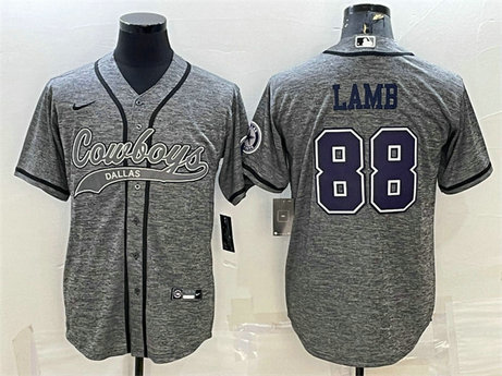 Men's Dallas Cowboys #88 CeeDee Lamb Grey With Patch Cool Base Stitched Baseball JerseyS