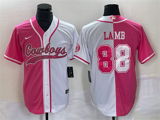 Men's Dallas Cowboys #88 CeeDee Lamb Pink White Split Cool Base Stitched Baseball Jersey