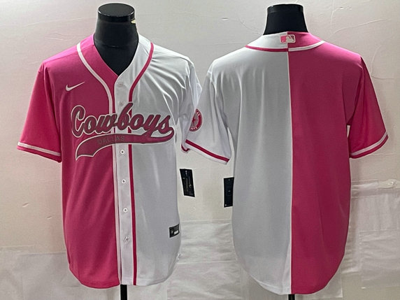 Men's Dallas Cowboys Blank Pink White Split Cool Base Stitched Baseball Jersey