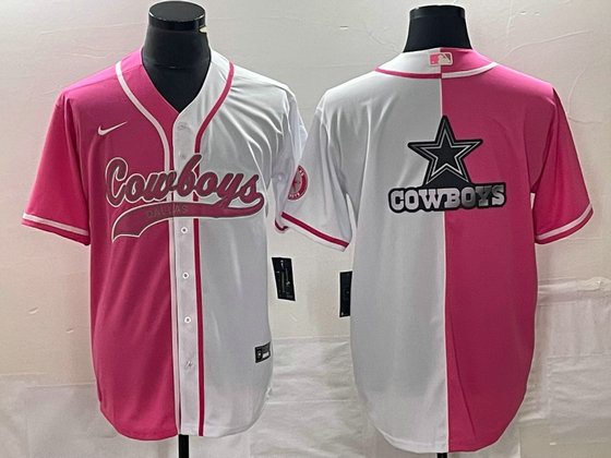 Men's Dallas Cowboys Pink White Split Team Big Logo Cool Base Stitched Baseball Jersey