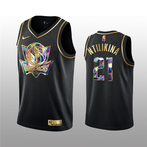 Men's Dallas Mavericks #21 Frank Ntilikina 2021 22 Black Golden Edition 75th Anniversary Diamond Logo Stitched Basketball Jersey