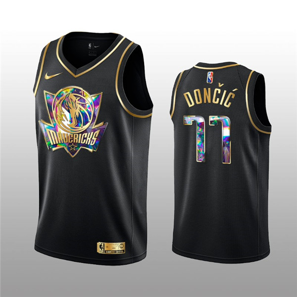 Men's Dallas Mavericks #77 Luka Doncic 2021 22 Black Golden Edition 75th Anniversary Diamond Logo Stitched Basketball Jersey