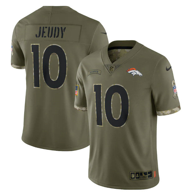 Men's Denver Broncos #10 Jerry Jeudy Olive 2022 Salute To Service Limited Stitched Jersey