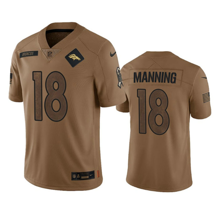 Men's Denver Broncos #18 Peyton Manning 2023 Brown Salute To Service Limited Stitched Football Jersey