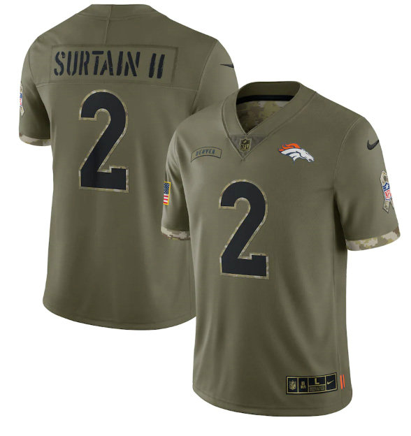 Men's Denver Broncos #2 Pat Surtain II Olive 2022 Salute To Service Limited Stitched Jersey
