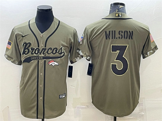 Men's Denver Broncos #3 Russell Wilson Olive 2022 Salute To Service Cool Base Stitched Baseball Jersey