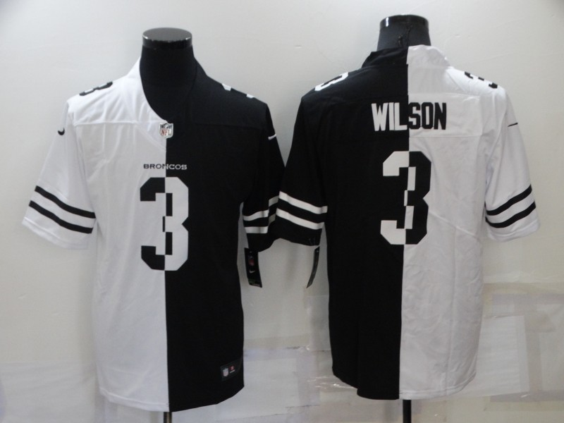 Men's Denver Broncos #3 Russell Wilson White Black Split Stitched Jersey