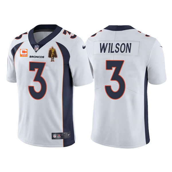 Men's Denver Broncos #3 Russell Wilson White With C Patch  Walter Payton Patch Limited Stitched Jersey