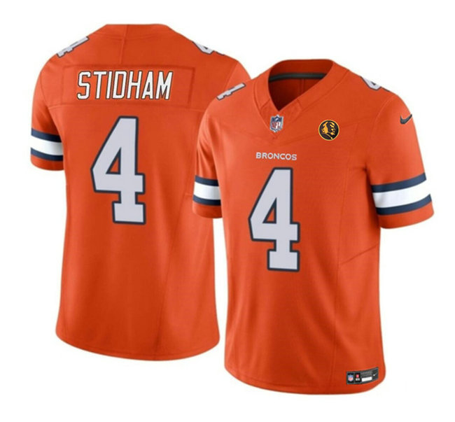 Men's Denver Broncos #4 Jarrett Stidham Orange 2023 F.U.S.E. With John Madden Patch Vapor Limited Stitched Football Jersey