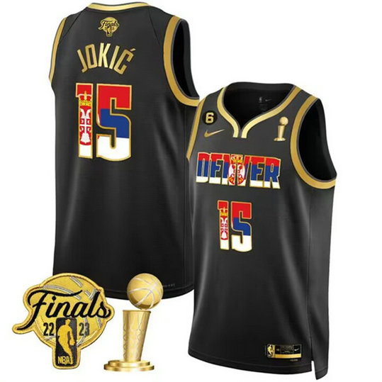 Men's Denver Nuggets #15 Nikola Jokic 2023 Black Gold Serbia Flag Finals Champions With NO.6 Patch Stitched Basketball Jersey