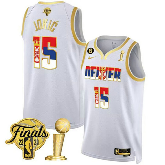 Men's Denver Nuggets #15 Nikola Jokic 2023 White Gold Serbia Flag Finals Champions With NO.6 Patch Stitched Basketball Jersey