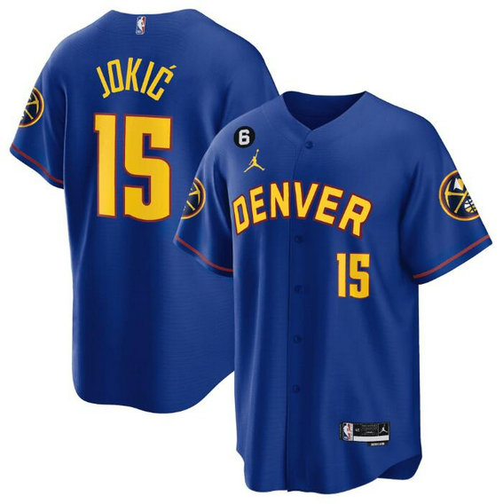 Men's Denver Nuggets #15 Nikola Jokic Blue With No.6 Patch Stitched Baseball Jersey