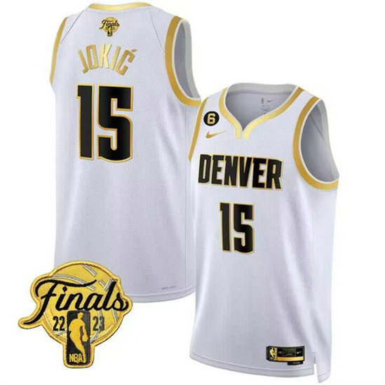 Men's Denver Nuggets #15 Nikola Jokic White Gold Edition 2023 Finals Collection With NO.6 Patch Stitched Basketball Jersey