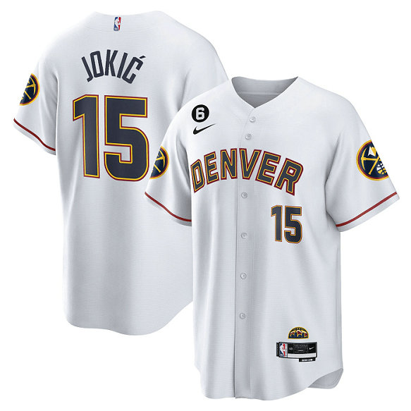 Men's Denver Nuggets #15 Nikola Jokic White With No.6 Patch Cool Base Stitched Baseball Jersey