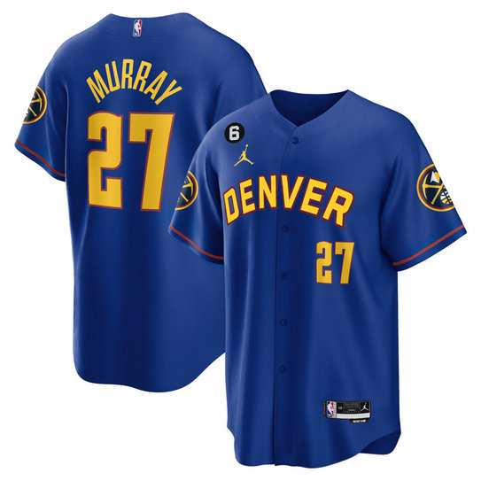 Men's Denver Nuggets #27 Jamal Murray Blue With No.6 Patch Cool Base Stitched Baseball Jersey