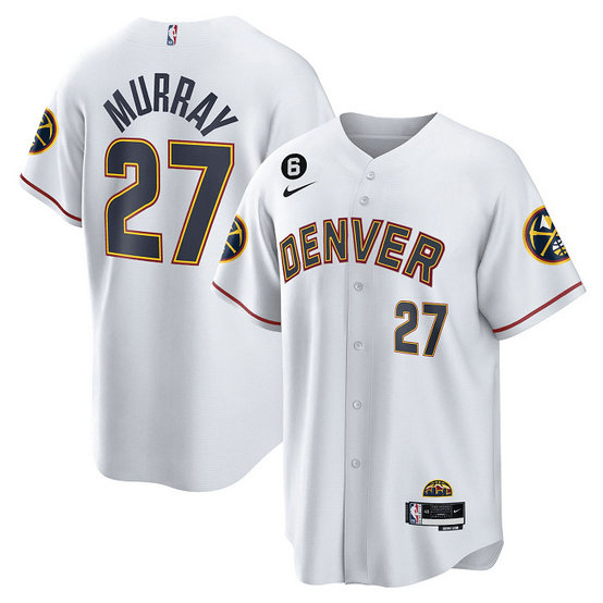 Men's Denver Nuggets #27 Jamal Murray White With No.6 Patch Cool Base Stitched Baseball Jersey