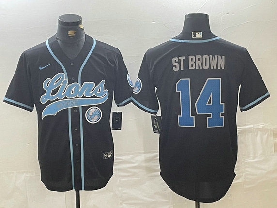 Men's Detroit Lions #14 Amon-Ra St. Brown Black Cool Base Stitched Baseball Jersey 1