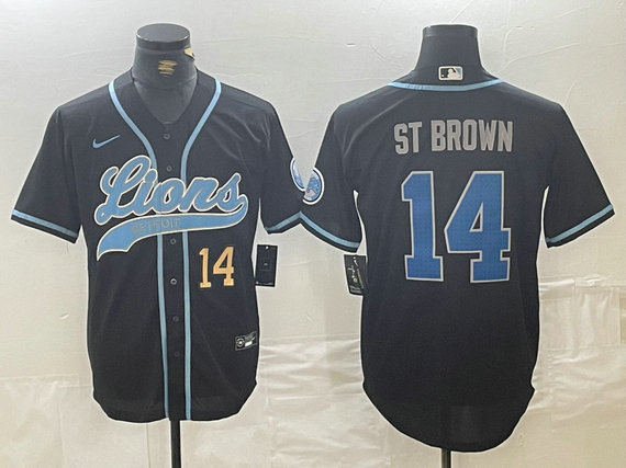 Men's Detroit Lions #14 Amon-Ra St. Brown Black Cool Base Stitched Baseball Jersey 2