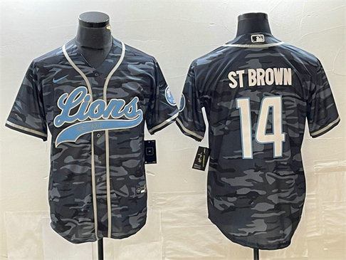 Men's Detroit Lions #14 Amon-Ra St. Brown Grey Camo Cool Base Stitched Baseball Jersey