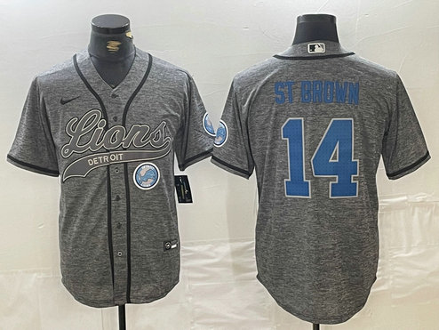 Men's Detroit Lions #14 Amon-Ra St. Brown Grey Cool Base Stitched Baseball Jersey 1