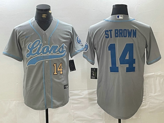 Men's Detroit Lions #14 Amon-Ra St. Brown Grey Cool Base Stitched Baseball Jersey 2