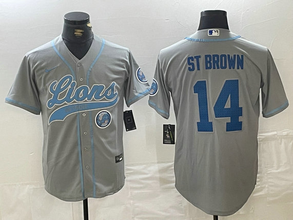 Men's Detroit Lions #14 Amon-Ra St. Brown Grey Cool Base Stitched Baseball Jersey 3