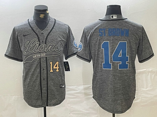 Men's Detroit Lions #14 Amon-Ra St. Brown Grey Cool Base Stitched Baseball Jersey 6