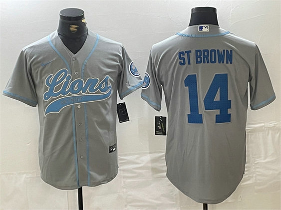Men's Detroit Lions #14 Amon-Ra St. Brown Grey Cool Base Stitched Baseball Jersey